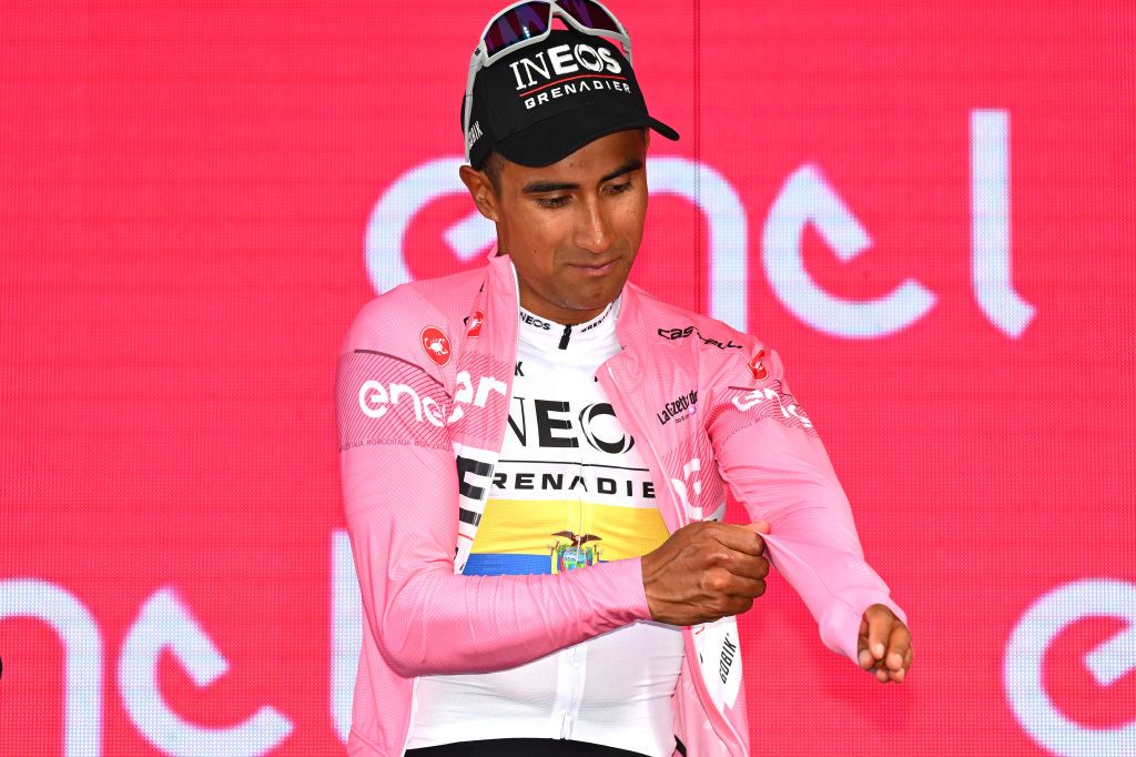 TORINO ITALY MAY 04 Jhonatan Narvaez of Ecuador and Team INEOS Grenadiers celebrates at podium as Pink Leader Jersey winner during the 107th Giro dItalia 2024 Stage 1 a 140km stage from Venaria Reale to Torino UCIWT on May 04 2024 in Torino Italy Photo by Tim de WaeleGetty Images