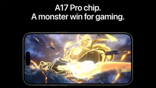 An iPhone playing a game with the words "A17 Pro chip. A monster win for gaming" printed above.