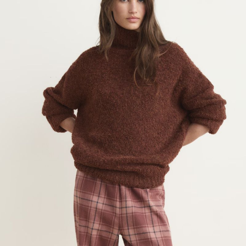 Boucl&amp;eacute; turtleneck sweater on model 