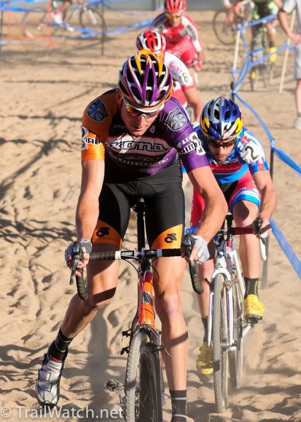 Ryan Trebon (Kona) dismounting before the steps