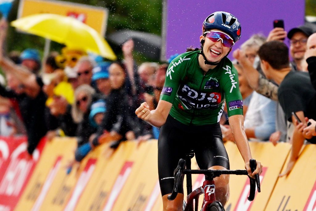 HADERSLEV DENMARK AUGUST 27 Cecilie Uttrup Ludwig of Denmark and Team FDJSuez Green Points Jersey celebrates at finish line as stage winner during the 9th Tour of Scandinavia 2023 Battle Of The North Stage 5 a 1439km stage from Middelfart to Haderslev UCIWWT on August 27 2023 in Haderslev Denmark Photo by Luc ClaessenGetty Images