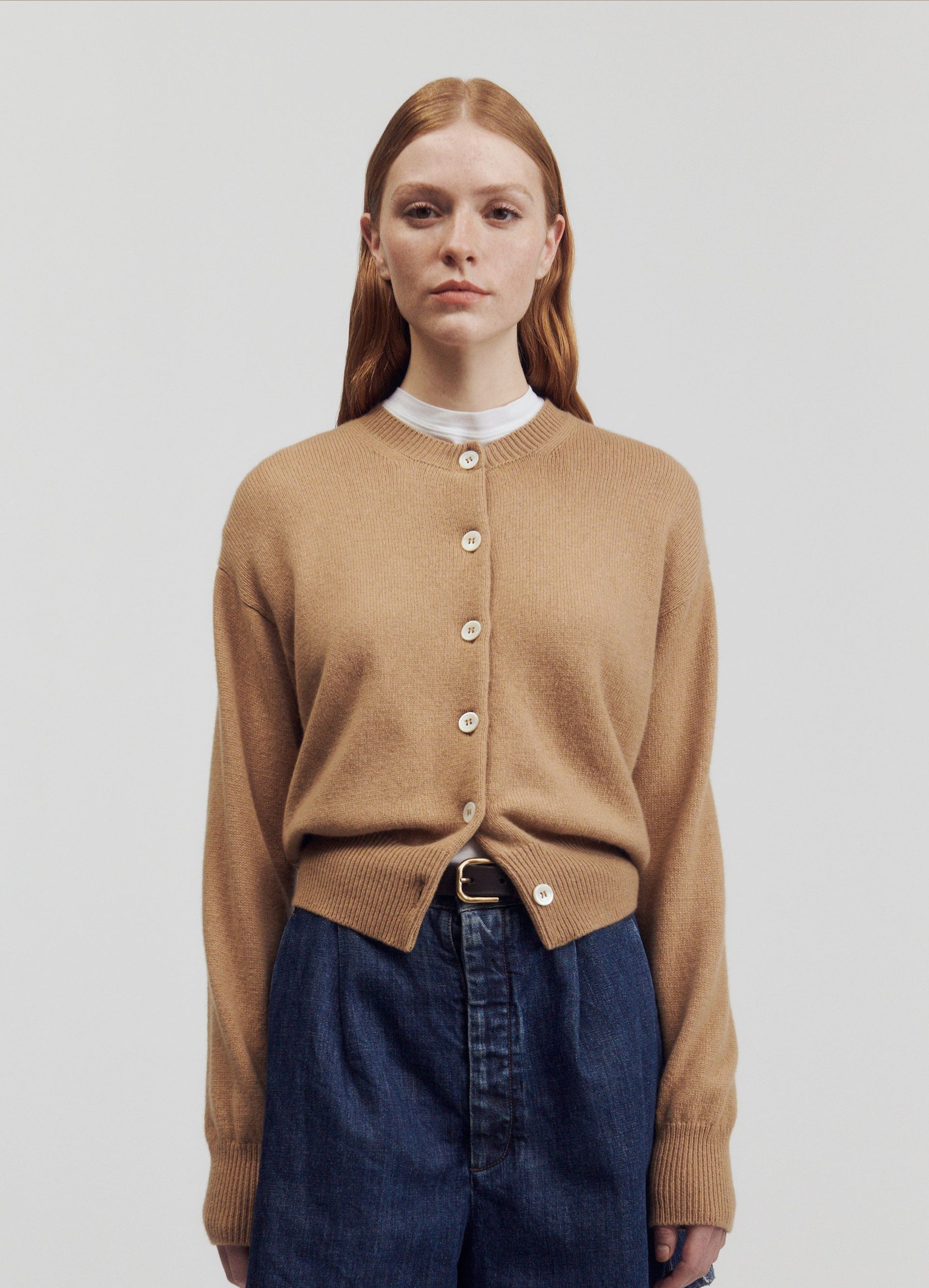 Ada Geelong Crewneck Cardigan in Camel