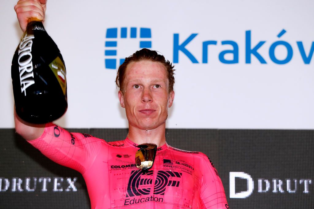 KRAKOW POLAND AUGUST 15 Julius Van Den Berg of The Netherlands and Team EF Education Nippo celebrates at podium as stage winner during the 78th Tour de Pologne 2021 Stage 7 a 145km stage from Zabrze to Krakw TourdePologne TDP2021 UCIWT on August 15 2021 in Krakow Poland Photo by Bas CzerwinskiGetty Images