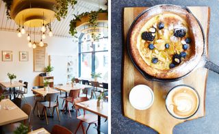 Left: interior and right: the cafe’s iced Dutch Baby pancake