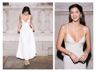 Carla Tous gets ready for the premiere of Paddington in Peru, wearing a white dress, silver accessories and Tiffany & Co. diamond jewellery