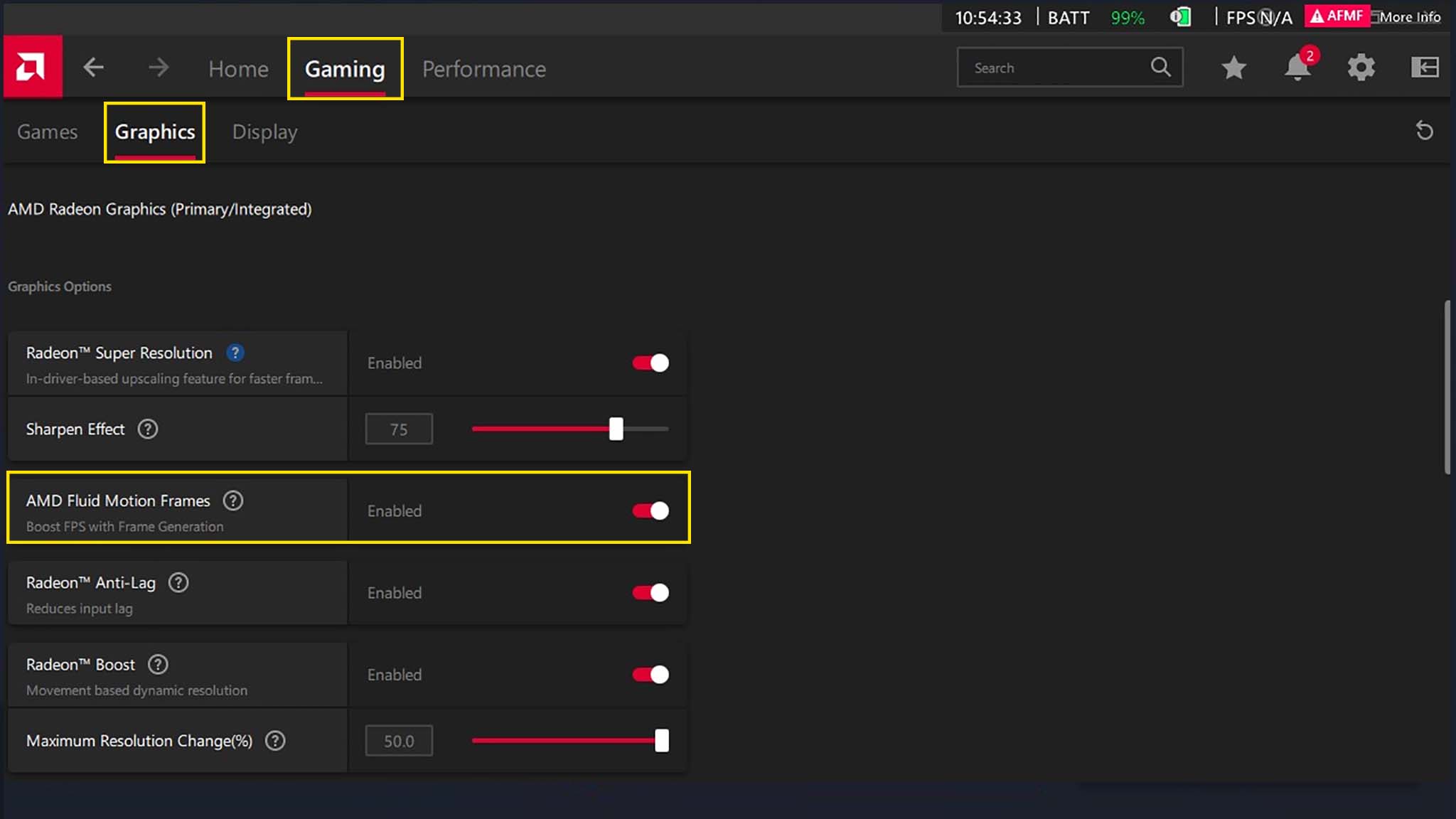 Configuración de ROG Ally AFMF: active AFMF.