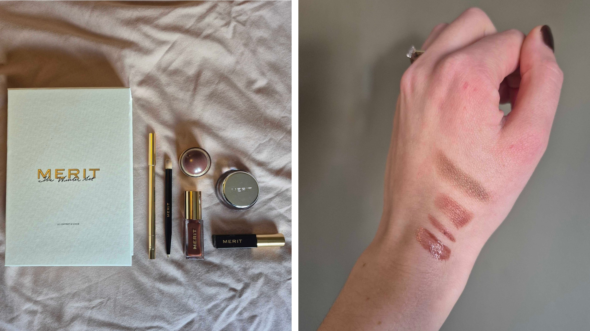 On the left is a picture of Merit Beauty&#039;s The Winter Set featuring the signature lip liner, Shade Slick lip oil, the Brush no.2, the Flush Balm, The Clean Lash mascara and Solo Shadow, spread out alongside the set&#039;s book-like packaging on a pink bedding background. And on the right are swatches of the lip, eye and cheek products on the back of Digital Beauty Writer, Naomi Jamieson&#039;s hand.