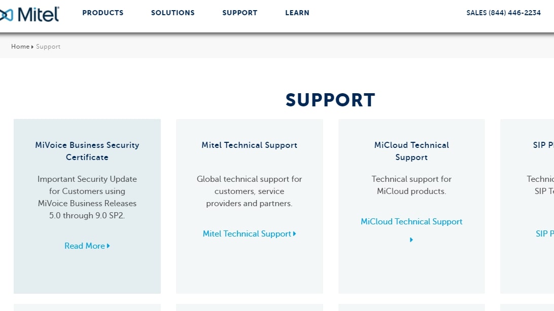 Mitel MiCloud support options screenshot