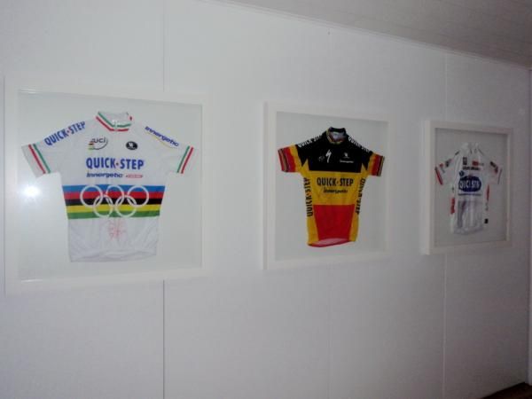 Paolo Bettini's World and Olympic Champion jersey, Stijn Devolder's Belgian National Champion jersey and Kevin Seeldrayers white jersey from the Giro d'Italia.