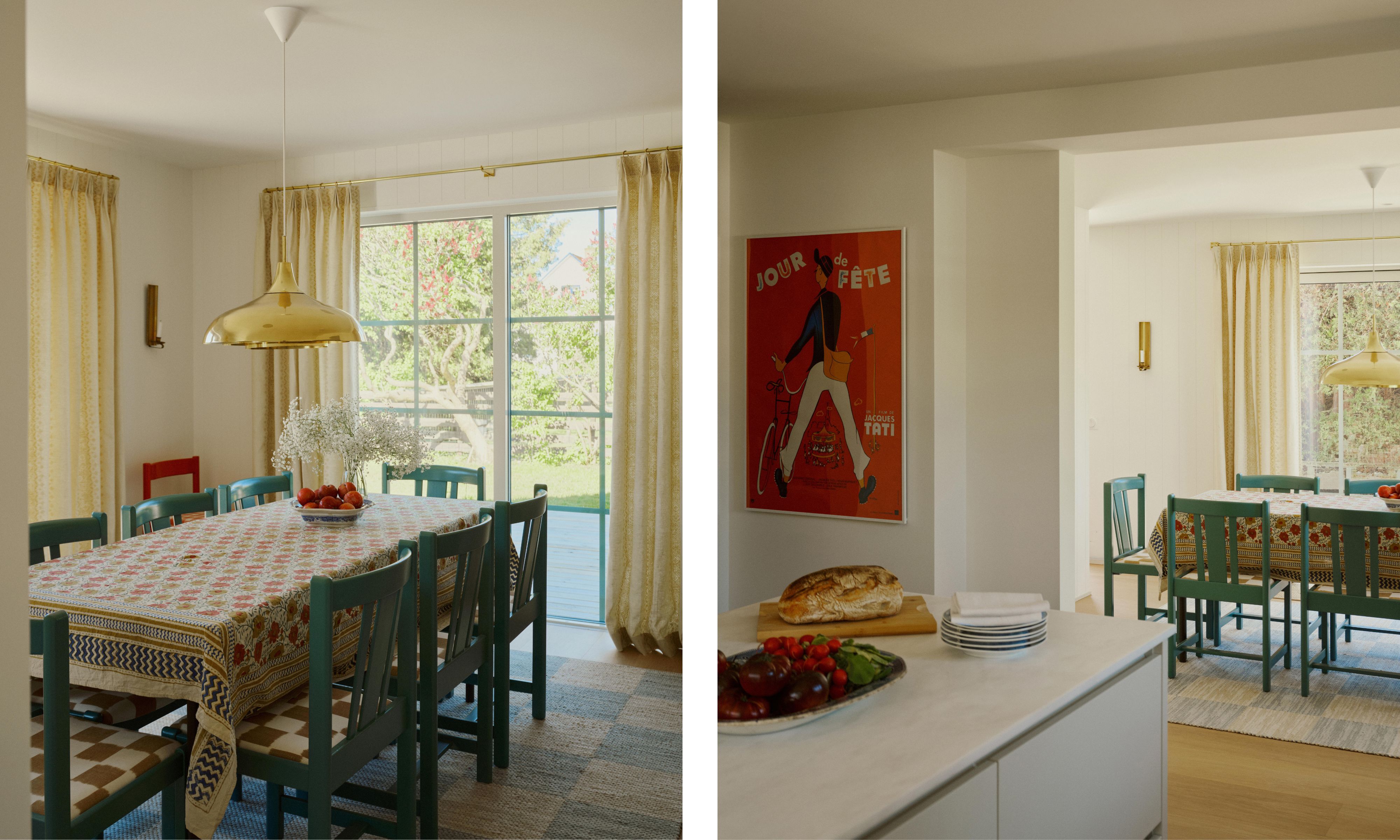two side by side images of a neutral dining room with green chairs and checkerboard rug