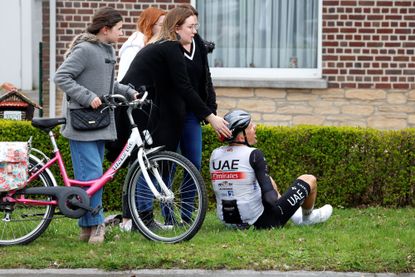 Tim Wellens on the roadside after the huge crash at the Tour of Flanders