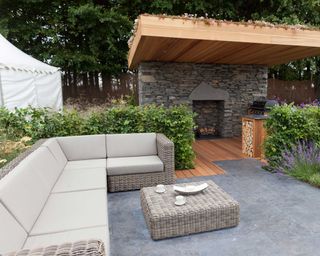 fireplace by outdoor decking