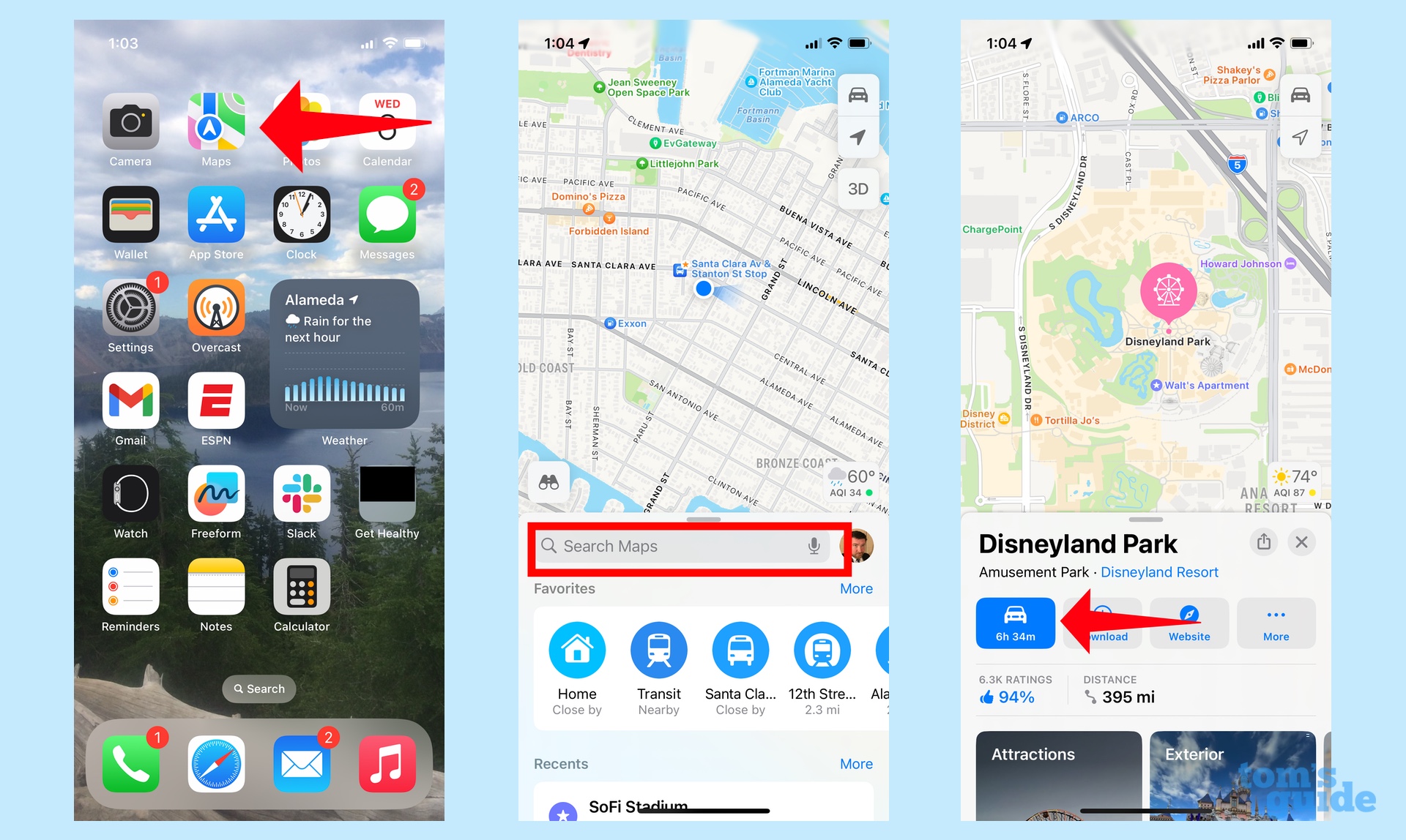 Измените местоположение в Картах iOS 17, нажав на маршруты проезда.