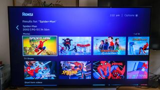 The Roku Streaming Stick 4K's search results screen for "Spider-Man"