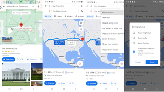 Screenshots showing how to turn on "prefer fuel-efficient routes" on Google Maps by default