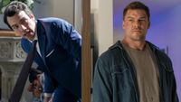 Jay Baruchel looking around a corner in Fubar and Alan Ritchson looking forward in Reacher. 