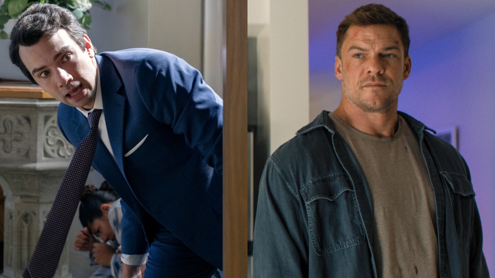 Jay Baruchel looking around a corner in Fubar and Alan Ritchson looking forward in Reacher. 