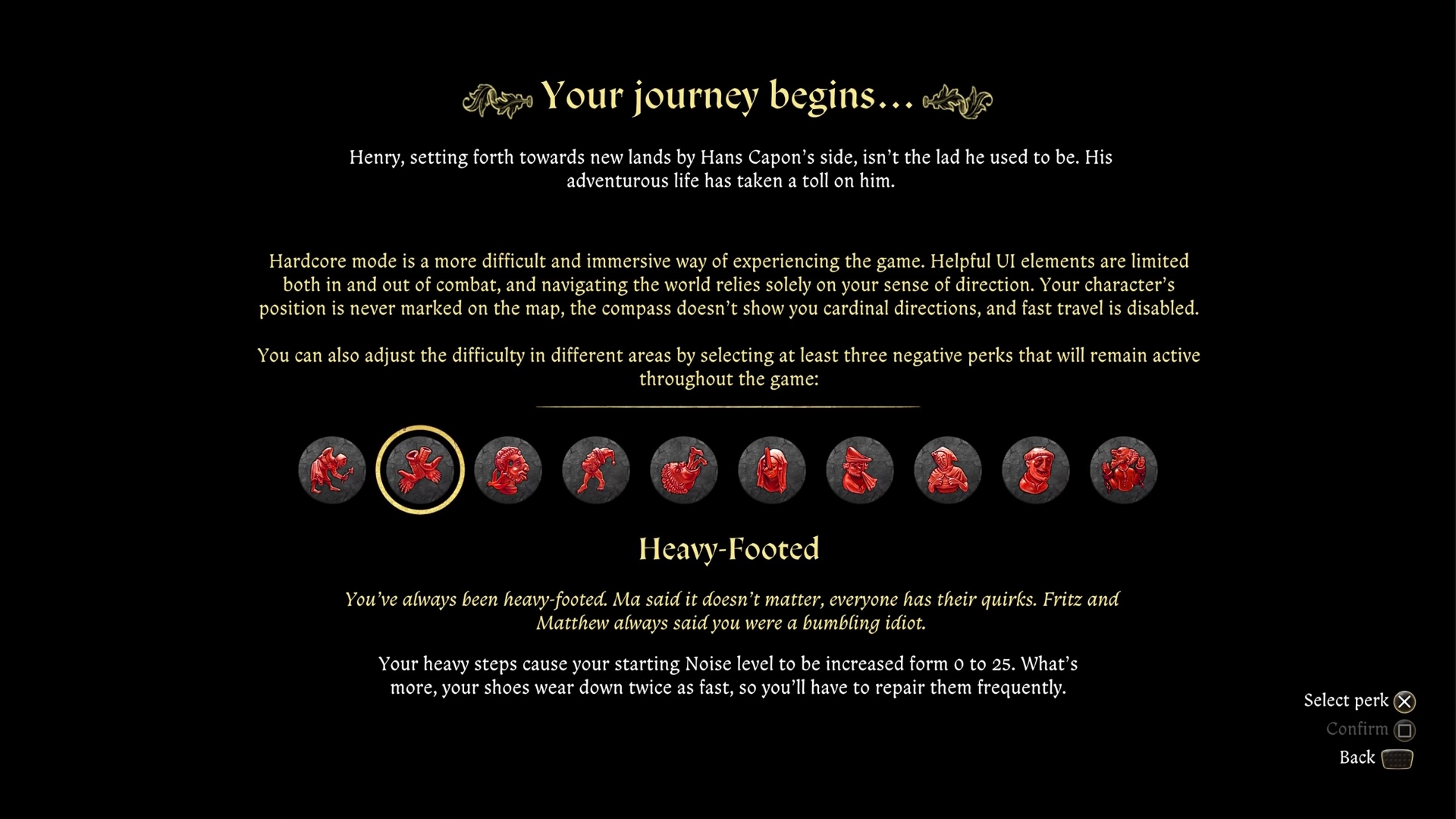 Kingdom Come Deliverance 2 Hardcore mode perk selection screen