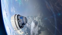 Illustration of Boeing's Starliner capsule in space with Earth in the background.