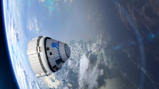 Illustration of Boeing Starliner in space with Earth in the background.
