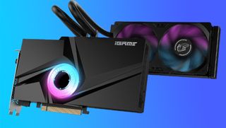 A Colorful iGame GeForce RTX 3090 Ti Neptune graphics card on a blue background