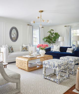 traditional living room with blue and white color scheme