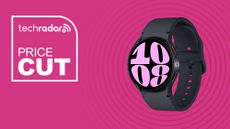 Samsung Galaxy Watch 6 in black with time in pink numbers on pink background with price cut sign