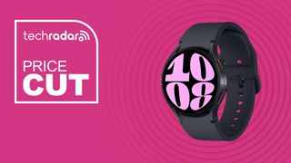 Samsung Galaxy Watch 6 in black with time in pink numbers on pink background with price cut sign