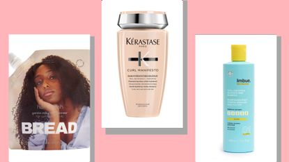 an image of three of the best shampoo for curly hair options on a pink background, including options from Kerastase, Imbue, and Bread Beauty