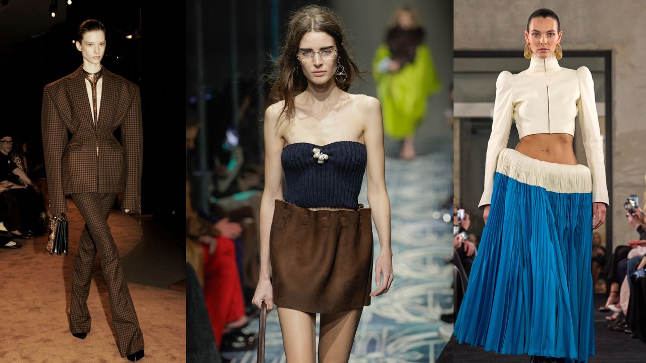 models at schiaparelli, prada, and alaia wearing fall 2025 fashion looks that draw attention to the waist and hips