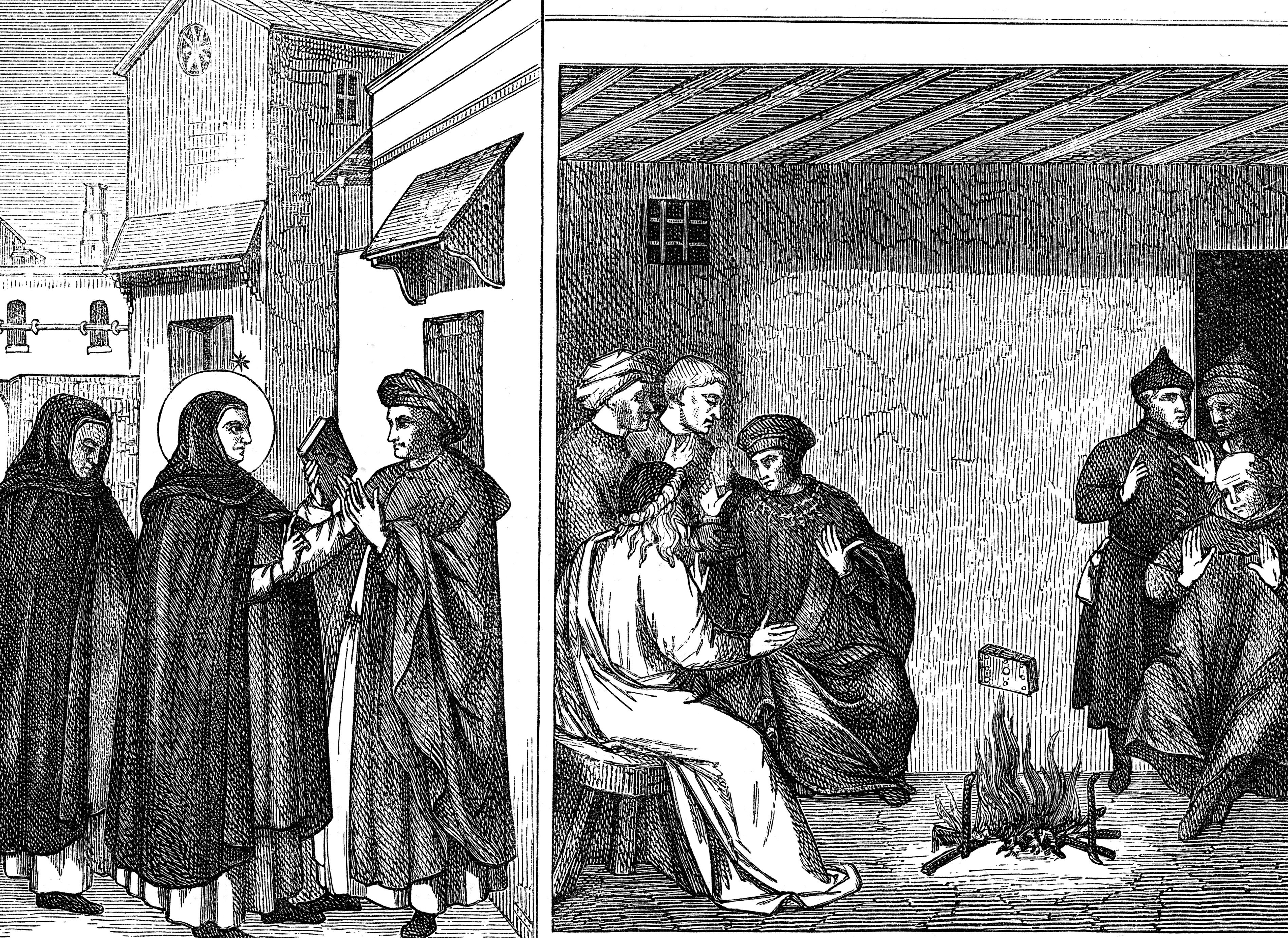 An engraving after predella of the Coronation of the Virgin by Fra Angelico depicting Cathar heresy, c1190-1220, in which St Dominic gives a book of profession of the true Christian faith to a Cathar envoy. Thrown into a fire, the book is not consumed by flames, while the book of the heretics is. Ann Ronan Pictures/Print Collector/Getty Images)