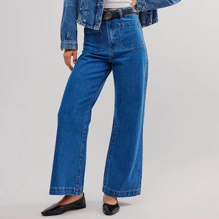 Flat lay image of denim wide leg jeans 