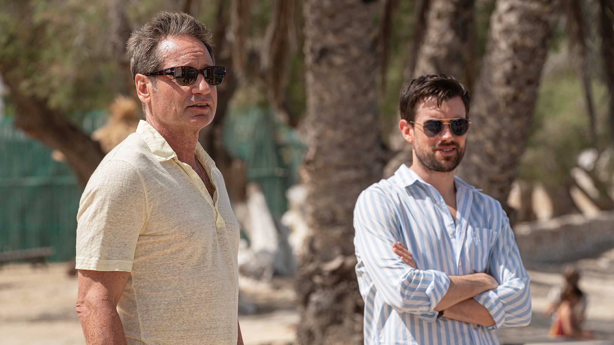 (L-R): Jamie Tanner played by David Duchovny and Adam played by Jack Whitehall in "Malice" on Prime Video