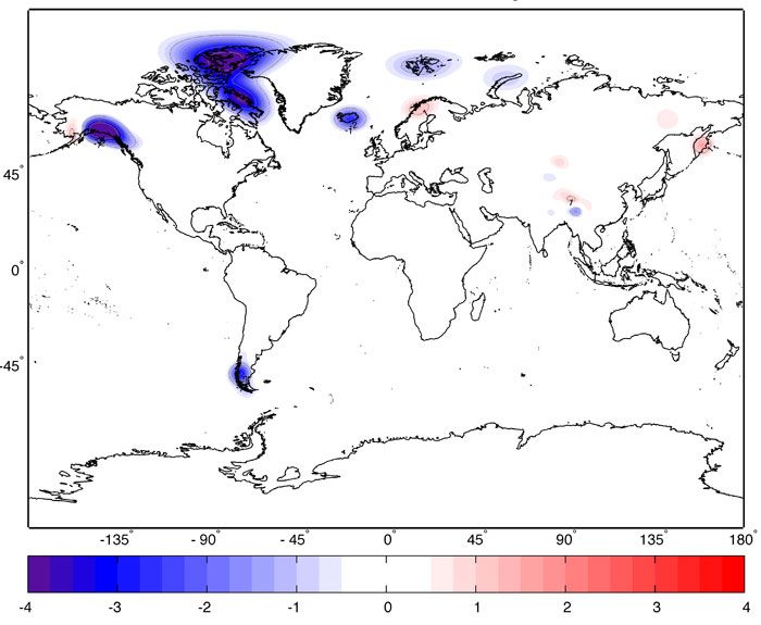 Ice caps and glaciers melt measured by satellite. 