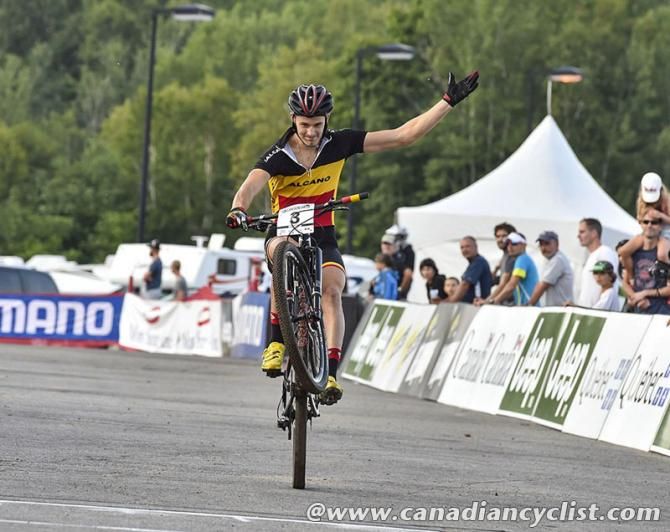 Fabrice Mels (Bel) Salcano Alanya wheelies across the line