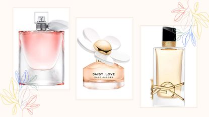 A composite image of three of the best Cyber Monday perfume deals 2022, featuring scents from Lancome, Marc Jacobs, and Yves Saint Laurent.