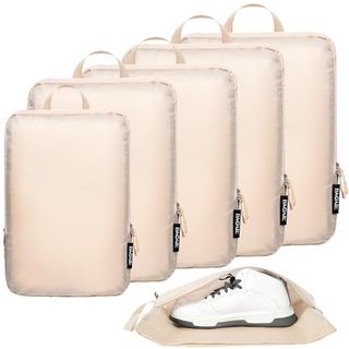 Bagail 4 Conjunto/6 Conjunto Cubos de Embalagem de Compressão Ultraleve Organizador de Embalagem para Acessórios de Viagem Mala de Bagagem Mochila (70d 6 conjunto Bege)