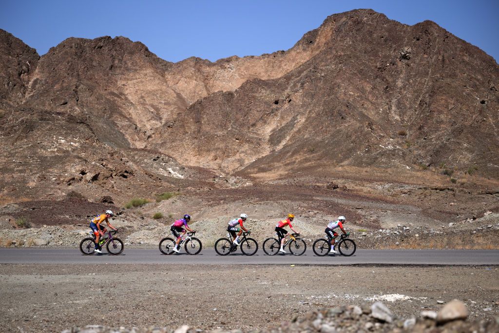 YITTI HILLS OMAN FEBRUARY 09 Mohammed AlWahibi of Oman and Team Oman Kane Richards of Australia and Team Roojai Insurance Gold Most Active Rider Jersey Mundher Al Hsani of Oman and Team Oman Magnus Kulset of Norway and Team UnoX Mobility and Rodrigo Alvarez of Spain and Team Burgos Burpellet BH compete in the breakaway during the 14th Tour of Oman Stage 2 a 2029km stage from Al Rustaq Fort to Yitti Hills 146m on February 09 2025 in Yitti Hills Oman Photo by Alex BroadwayGetty Images