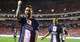 Paris Saint-Germain's Argentine forward Lionel Messi celebrates scoring the opening goal during the UEFA Champions League 1st round day 3 group H football match between SL Benfica and Paris Saint-Germain, at the Luz stadium in Lisbon on October 5, 2022.
