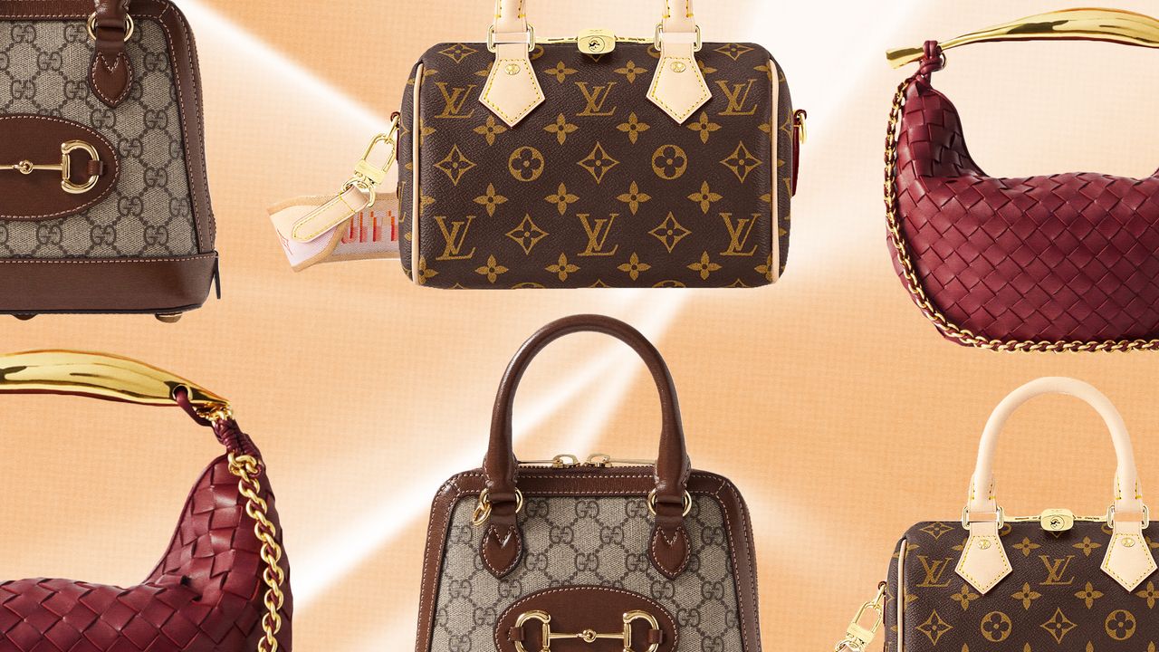 Designer handbags including Louis Vuitton, Bottega Veneta, and Gucci.