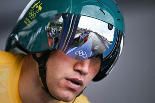 Australia's Lucas Plapp prepares to take the start of the men's road cycling individual time trial during the Paris 2024 Olympic Games in Paris, on July 27, 2024. (Photo by Ben STANSALL / AFP)