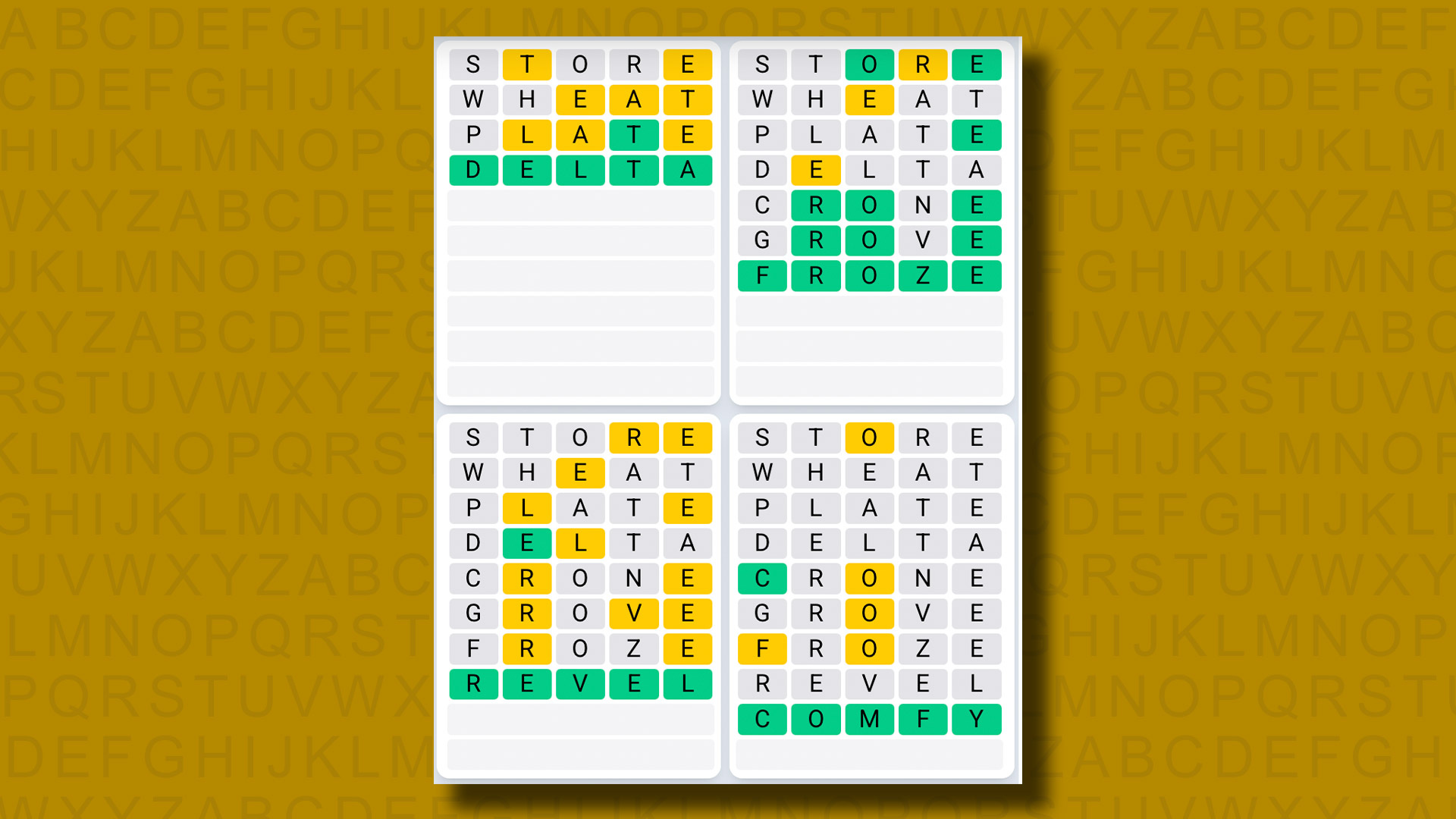 Quordle Daily Sequence answers for game 1222 on a yellow background