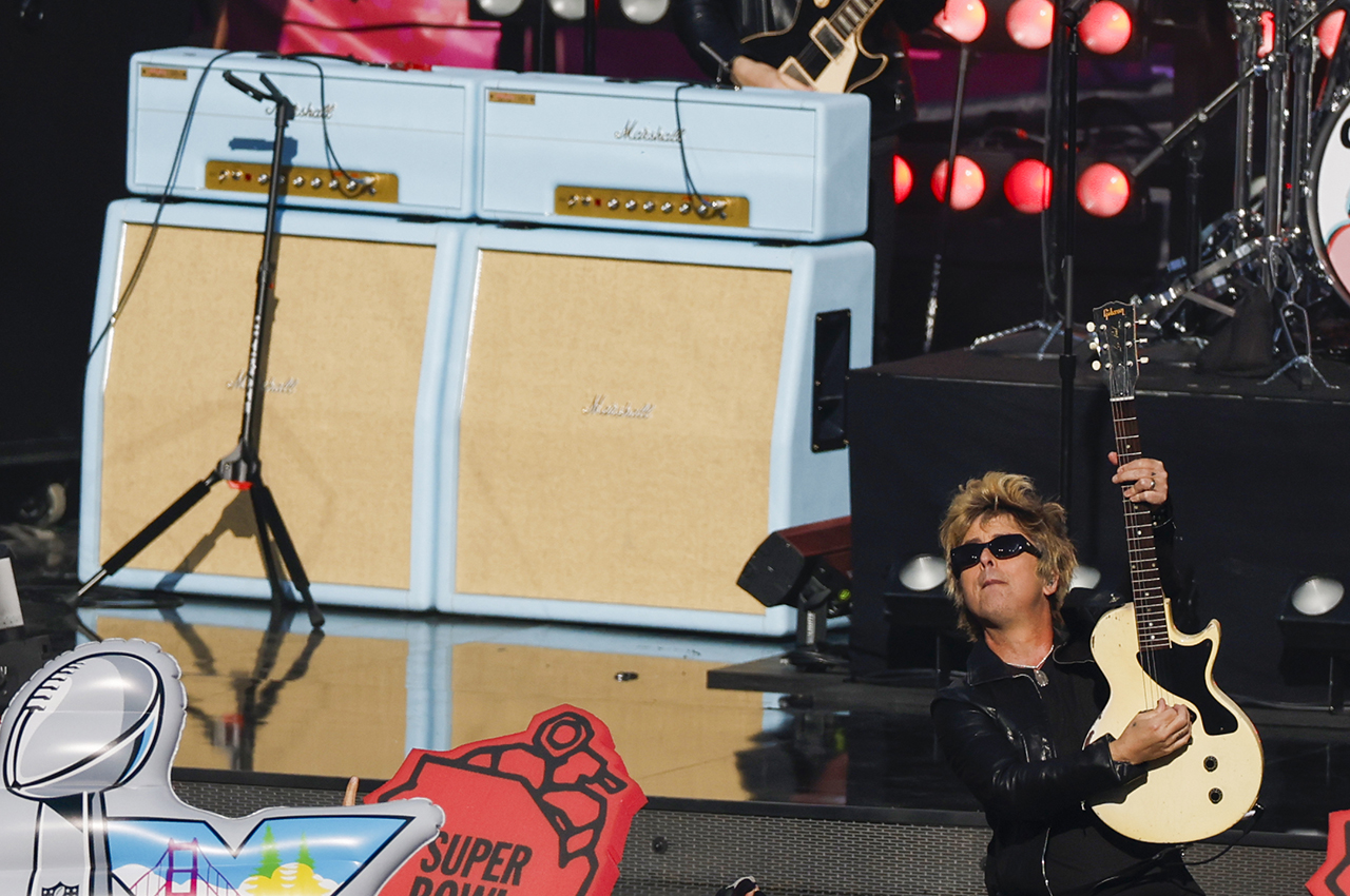 Green Day performs during the pregame at Super Bowl LX between the Seattle Seahawks and New England Patriots in Santa Clara, Calif. on Sunday, Feb. 8, 2026.