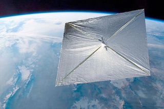 An artist's illustration of the Planetary Society's LightSail solar sail cubesat in orbit.