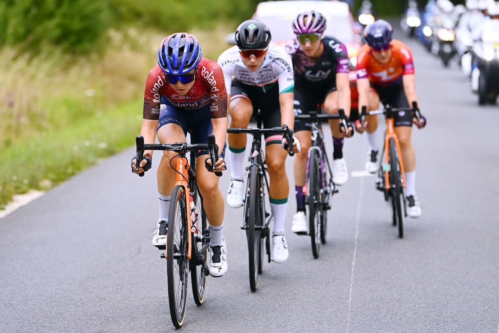 PROVINS FRANCE JULY 25 Rotem Gafinovitz of Israel and Team Roland Cogeas EdelweissIsraelPremier Tech competes in the breakaway ahead of Femke Gerritse of Netherlands and Team Parkhotel Valkenburg Sabrina Stultiens of Netherlands and Team Liv Racing Xstra Marit Raaijmakers of Netherlands and Team Human Powered Health during the 1st Tour de France Femmes 2022 Stage 2 a 1364km stage from Meaux to Provins TDFF UCIWWT on July 25 2022 in Provins France Photo by Tim de WaeleGetty Images