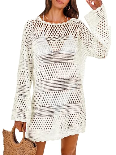 Anrabess Women Swimsuit Crochet Swim Cover Up 2026 Summer Bathing Suit Swimwear Mesh Knit Beach Dress Vacation Outfits Cream White Small