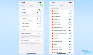 Two screenshots showing how to access the known networks menu in iOS 16
