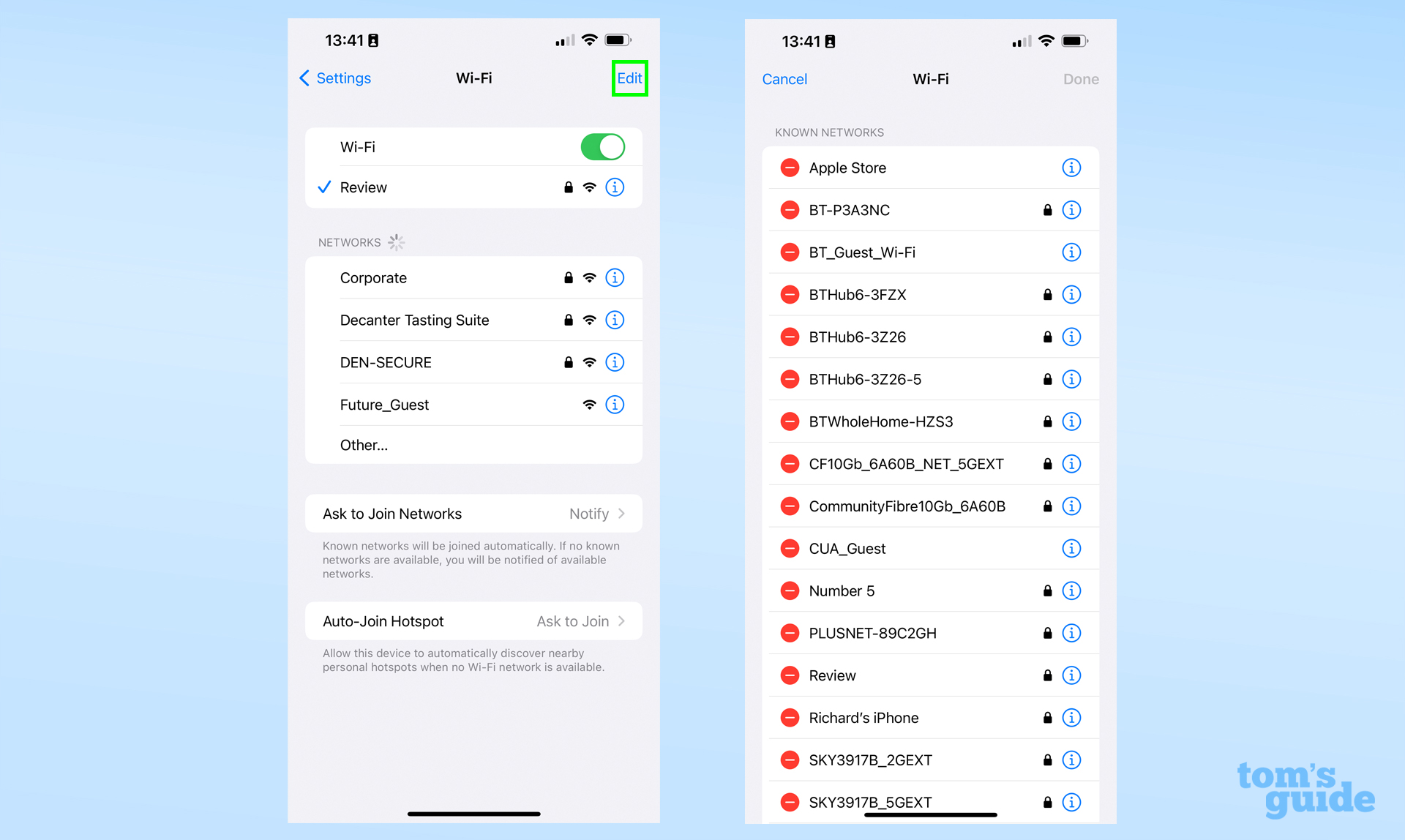 Два снимка экрана, показывающие, как получить доступ к меню известных сетей в iOS 16.