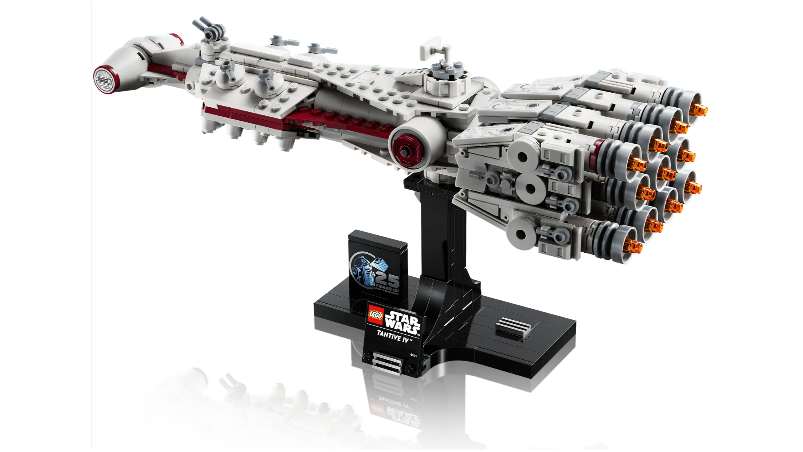 The lego star wars Tantive IV starship on a white background