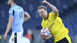 Erling Haaland of Borussia Dortmund celebrates after scoring a goal during the UEFA Champions League Group F soccer match between SS Lazio and Borussia Dortmund at Stadio Olimpico on October 20, 2020 in Rome, Italy. (Photo by Claudio Pasquazi/Anadolu Agency via Getty Images)